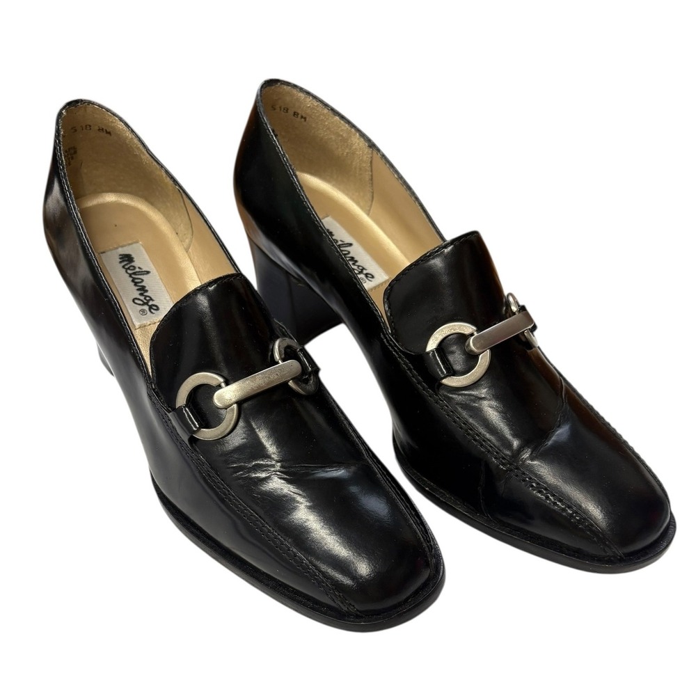 Melange Women's Black Leather Block Heel Loafers Silver Horsebit‎ Vintage 8M